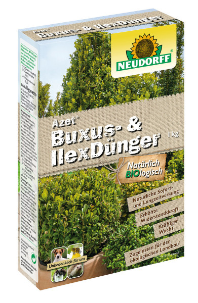 Produktbild von Neudorff Azet Buxus- und IlexDünger 1kg mit Darstellung der Verpackung die Produktinformationen und Anwendungsanweisungen in deutscher Sprache enthält.