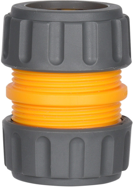 Produktbild eines Hozelock Schlauchreparaturstück 19 mm bestehend aus zwei grauen Verbindungsstücken und einem orangefarbenen Dichtungsring in der Mitte.