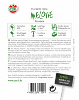 Sperli Melone Masada, F1 Produktbild von Sperli Melone Masada F1 mit Informationen zur Vor- und Direktsaat, Erntezeit sowie Beschreibung der Melone in deutscher Sprache, ergänzt durch ein Qualitätssiegel und Hinweise zum Hersteller.