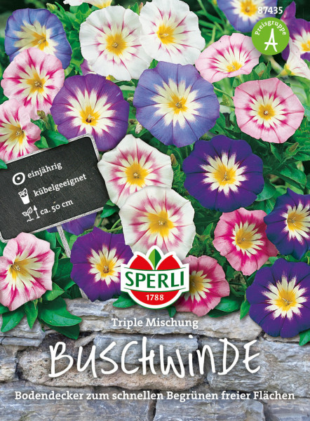 Produktbild von Sperli Buschwinde Triple Mischung mit bunten Blüten und Verpackungsinformationen einschließlich Logo und Hinweisen auf Einjährigkeit und Eignung für Kübel.