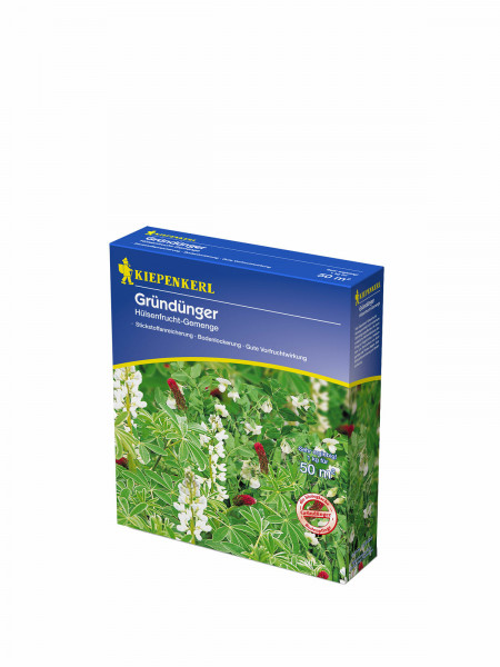 Produktbild von Kiepenkerl Huelsenfrucht-Gemenge 1 kg Verpackung mit Pflanzenabbildungen und Informationen zur Bodenverbesserung.