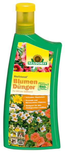 Produktbild von Neudorff BioTrissol BlumenDünger in einer 1-Liter-Flasche mit Angaben zu schnellem Pflanzenwachstum und für ökologischen Landbau geeigneten Inhaltsstoffen.