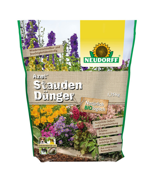 Produktbild von Neudorff Azet StaudenDünger Verpackung mit der Gewichtsangabe 1, 75, kg und Informationen zu biologischen Inhaltsstoffen sowie Abbildungen verschiedener Blumen und Pflanzen.