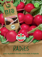 Produktbild von Sperli BIO Radieschen Saatband mit Abbildungen von roten Radieschen und Details zum 3 Meter Saatband auf einem Preisschild sowie Markenlogo... Produktbild von Sperli BIO Radieschen Saatband mit Abbildungen von roten Radieschen und Details zum 3 Meter Saatband auf einem Preisschild sowie Markenlogo und Produktmerkmalen.
