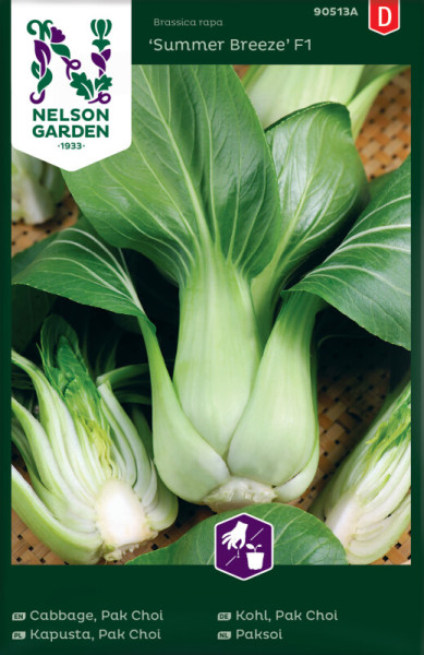 Produktbild von Nelson Garden Pak Choi Kohl Summer Breeze F1 mit der Darstellung des Gemüses und Verpackungsdetails wie Markenlogo und mehrsprachigen Produktbezeichnungen.