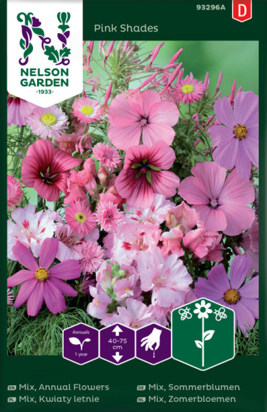 Produktbild von Nelson Garden Sommerblumen Mix in Pink Shades mit verschiedenen rosafarbenen Blüten und Produktinformationen auf Deutsch.
