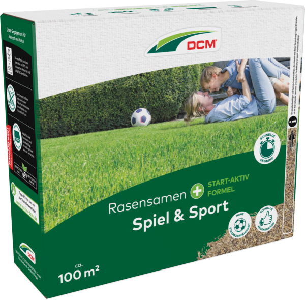 Produktbild von Cuxin DCM Rasensamen Spiel & Sport 2000g Streuschachtel mit Angaben zur Flächenabdeckung und Schnellkeimung sowie einer abbildeten Spielszene auf Rasen.
