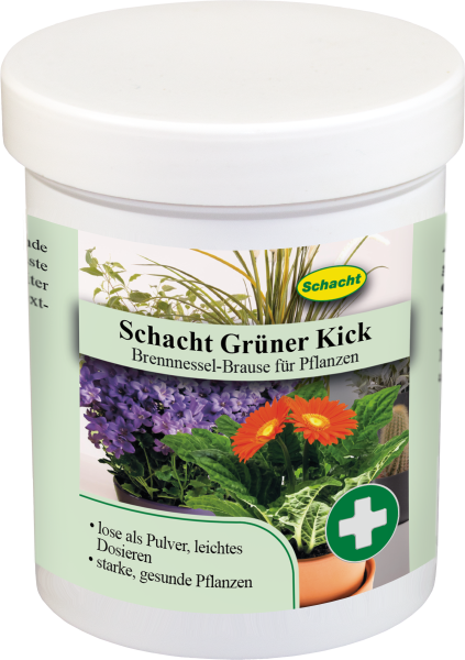 Produktbild von Schacht Gruener Kick Brennnessel-Brause fuer Pflanzen in Verpackung mit Abbildung verschiedener Pflanzen und Hinweisen zu Dosierung und Anwendung.