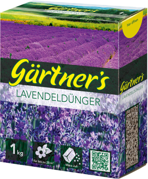 Produktbild von Gaertners Lavendelduenger in einer 1 kg Verpackung mit Lavendelfelden und Anwendungszeitraum Maerz bis Juli.