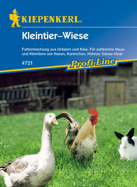 Produktbild von Kiepenkerl Kleintier-Wiese mit Abbildung verschiedener Tiere wie Hase, Huhn, Gans und Produktinformationen in deutscher Sprache.