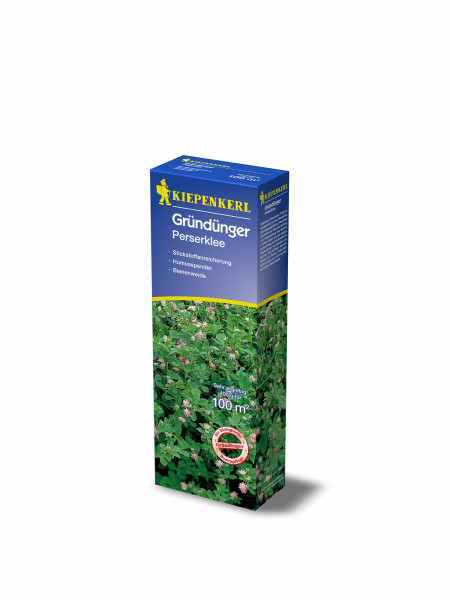 Produktbild von Kiepenkerl Perserklee Verpackung mit 0, 4, kg Inhalt und Informationen zur Bodenverbesserung und als Bienenweide auf Deutsch.