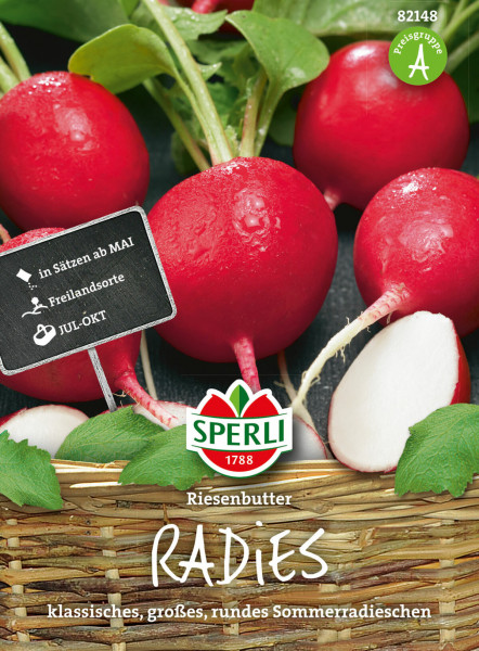 Produktbild von Sperli Radies Riesenbutter mit großen,runden,roten Radieschen in einem Korb und Markenlogo