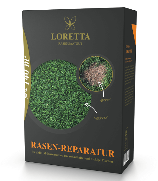 Produktbild von Loretta Rasen-Reparatur mit einer 2, 2, kg Verpackung und Abbildungen eines Rasenstücks vor und nach der Anwendung.