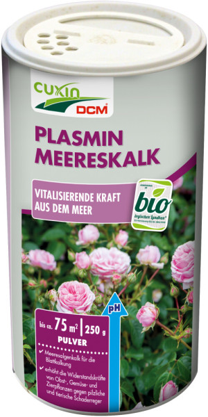 Produktbild von Cuxin DCM Plasmin Meereskalk Pulver in einer 250g Dose mit Angaben zur Verwendung, Bio-Siegel und Rosenbild im Hintergrund.