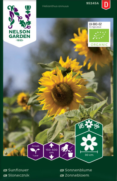 Produktbild von Nelson Garden BIO Sonnenblume Verpackung mit Blütenbild, Bio-Siegel und Anbauinformationen auf Deutsch.