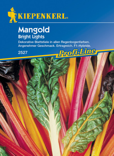 Produktbild von Kiepenkerl Mangold Bright Lights F1 mit bunten Blattstielen und Informationen zum ertragreichen Anbau auf Deutsch.