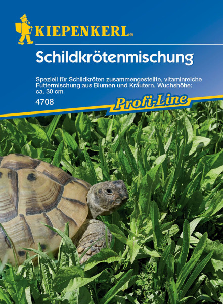 Produktbild von Kiepenkerl Schildkrötenmischung mit Beschreibung als speziell zusammengestellte vitaminreiche Futterung aus Blumen und Kräutern, einer Schildkröte zwischen Pflanzen und der Artikelnummer 4708.