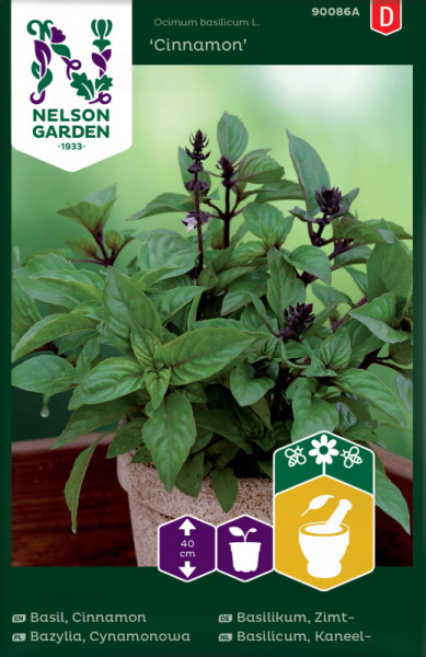 Produktbild von Nelson Garden Zimtbasilikum mit Pflanze in Topf und Informationen zu Wuchshöhe und Anbauhinweisen auf dem Etikett in europäischen Sprachen.