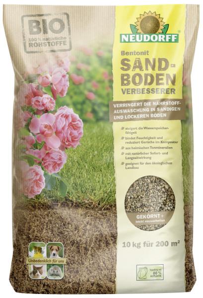 Produktbild von Neudorff Bentonit SandbodenVerbesserer in einer 10kg Verpackung mit Informationen zur Verbesserung von sandigen und lockeren Böden und verschiedenen Pflanzen- und Erdabbildungen.