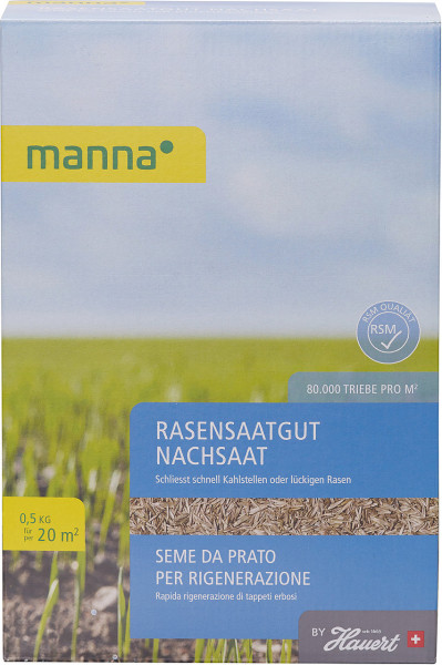 Produktbild von MANNA Nachsaat Rasensaatgut Verpackung mit Hinweisen auf schnelles Schließen von kahlen Stellen und Informationen zu Saatdichte sowie Markenlogo.