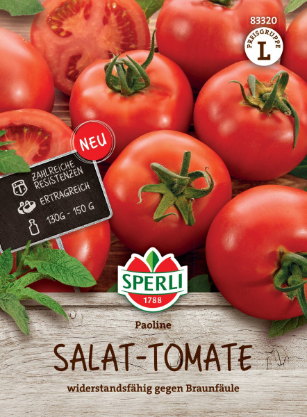 Produktbild der Sperli Salat-Tomate Paoline F1 mit reifen Tomaten und einer aufgeschnittenen Tomate auf Holzuntergrund, Informationen zu Resistenzen und Ertrag, Neu-Siegel sowie Sperli Logo.