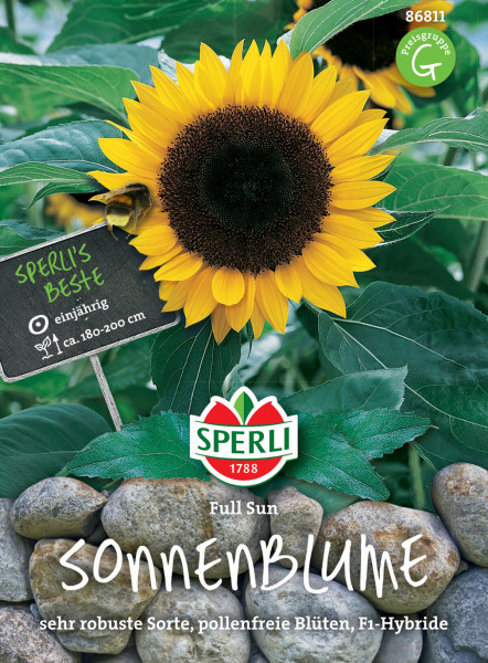Produktbild von Sperli Sonnenblume Full Sun mit der Darstellung einer Sonnenblume, Informationen zu Einjährigkeit und Wuchshöhe, sowie dem Hinweis auf eine sehr robuste, pollenfreie Sorte, F1-Hybride.