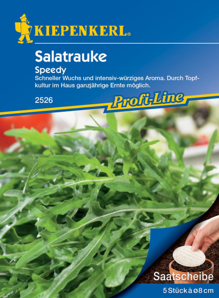 Produktbild von Kiepenkerl Salatrauke Speedy Saatscheibe auf der wachsende Salatrauke zu sehen ist sowie eine Hand die eine Saatscheibe hält mit Produktinformationen auf Deutsch