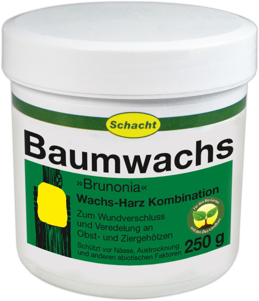 Produktbild von Schacht Baumwachs Brunonia in einer 250g weißen Dose mit grün-weißem Etikett zur Anwendung bei Wundverschluss und Veredelung von Obst- und Ziergehölzen.