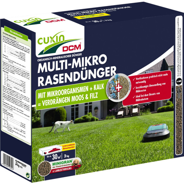 Produktbild von Cuxin DCM Multi-Mikro Rasendünger Minigran 3kg Streuschachtel mit Angaben zu Inhaltstoffen und Anwendungshinweisen auf einer Verpackung in Deutsch.