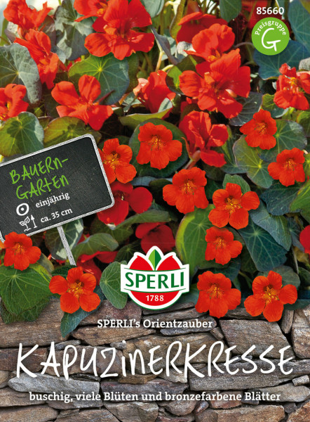 Produktbild von Sperli Kapuzinerkresse SPERLIs Orientzauber mit roten Blüten und Verpackungsinformationen wie Pflanzhinweise und Markenlogo.