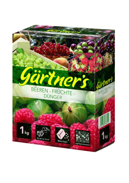 Produktbild von Gärtners Beeren-Früchte-Dünger 1kg Verpackung mit Bildern verschiedener Beeren und Produktinformationen.