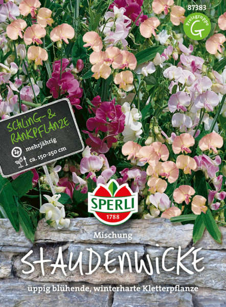 Produktbild von Sperli Staudenwicke Mischung mit verschiedenen farbigen Blüten und Informationen zu Pflanzencharakteristika auf Deutsch.