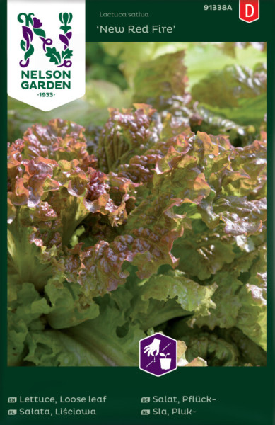 Produktbild von Nelson Garden Pflücksalat New Red Fire mit Salatkopf und Verpackungsdesign mit Produktinformationen.