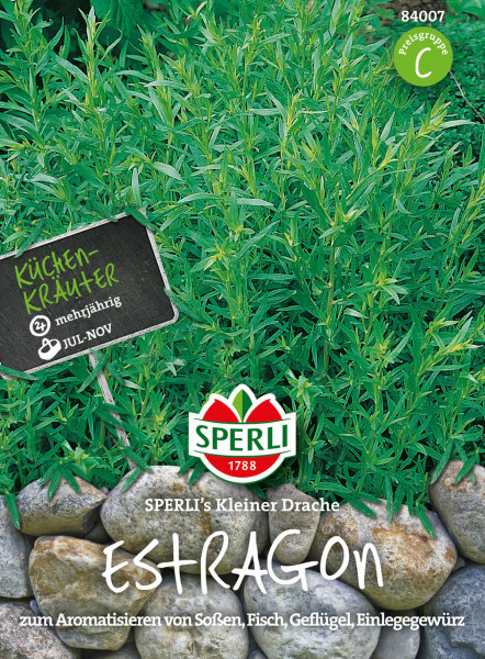 Produktbild von Sperli Estragon SPERLIs Kleiner Drache zur Verwendung als Gewürz in der Küche mit Preisgruppe und Markenlogo.