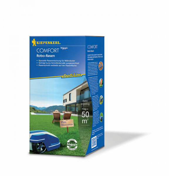 Produktbild des Kiepenkerl Profi-Line Comfort Robo-Rasen 1 kg mit blau-gelber Verpackung, Produktvorteilen und einem Bild eines Mähroboters auf Rasenfläche.