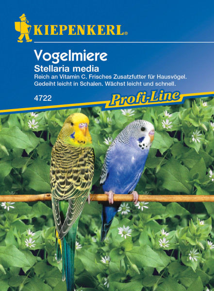 Produktbild von Kiepenkerl Vogelmiere Samen mit zwei Wellensittichen auf einem Ast vor grünem Hintergrund mit Blüten und Produktinformationen in deutscher Sprache.