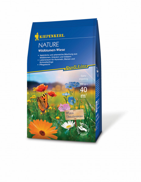 Produktbild von Kiepenkerl Profi-Line Nature Wildblumen-Wiese Verpackung mit Angaben zur Mischung aus Wildblumen, Kräutern und Gräsern sowie Informationen zur Ergiebigkeit und Hinweisen zum Lebensraum für Insekten auf Deutsch.