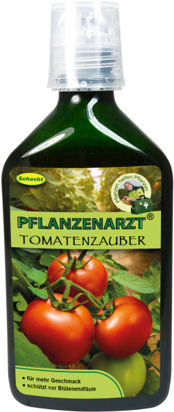 Produktbild von Schacht PFLANZENARZT Tomatenzauber 350ml Flasche mit sichtbaren reifen Tomaten und Informationen zum Geschmack und Schutz vor Blütenfäule auf der Etikette.