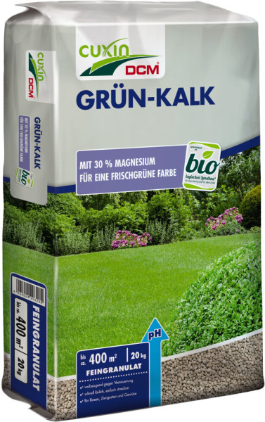 Produktbild von Cuxin DCM Grün-Kalk Feingranulat 20kg Sack mit Hinweisen auf 30 Prozent Magnesiumanteil für eine frischgrüne Farbe und Bio-Siegel für ökologischen Landbau.