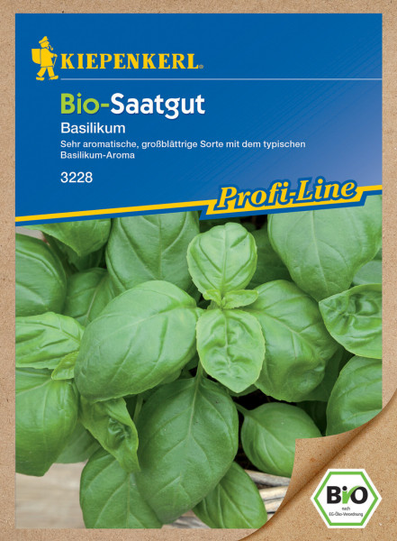 Produktbild von Kiepenkerl Bio-Saatgut Basilikum mit der Darstellung von Basilikumblättern und Verpackungsdesign inklusive Produktinformationen in deutscher Sprache.
