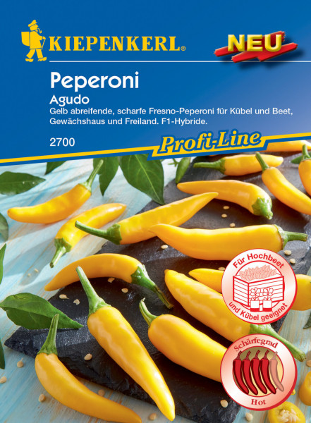 Produktbild von Kiepenkerl Peperoni Agudo F1 mit gelben Fresno-Peperonis auf dunklem Untergrund und Informationen zur Eignung für Kübel und Beet sowie Schärfegradanzeigen.