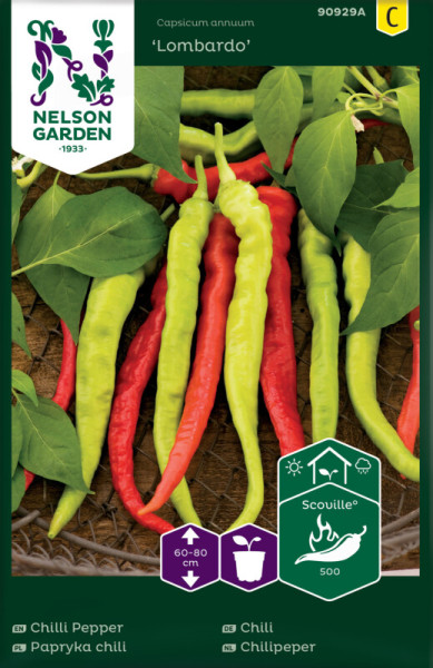 Produktbild von Nelson Garden Chili Lombardo Samenpackung mit Abbildung reifer grüner und roter Chilischoten auf Erde und Laub und Icons für Wuchshöhe, Topfkultur und Schärfegrad.