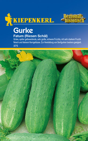 Produktbild von Kiepenkerl Schälgurke Fatum F1 mit Darstellung grüner Gurken und Verpackungsdesign samt Logo und Produktbeschreibung in deutscher Sprache.