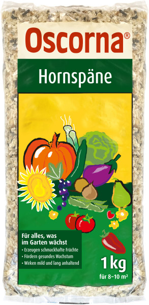 Produktbild von Oscorna-Hornspäne 1kg Verpackung mit Darstellung verschiedener Gemüsesorten und Hinweisen zur Förderung des Pflanzenwachstums im Garten.
