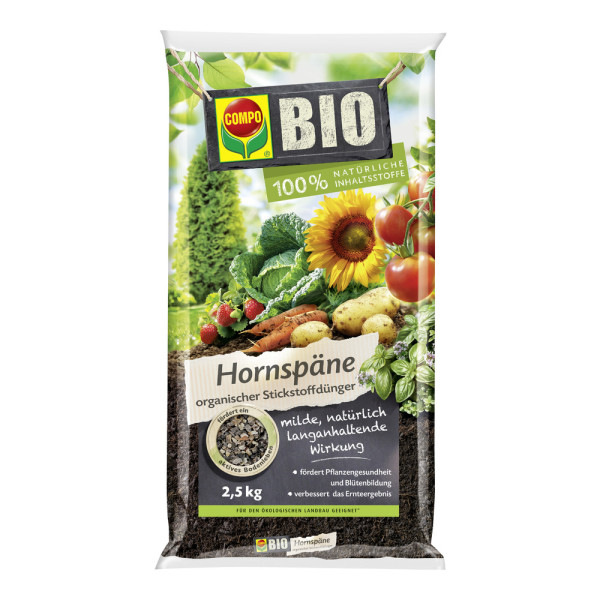 Produktbild von COMPO BIO Hornspäne 2, 5, kg Düngerpackung mit Abbildungen verschiedener Pflanzen und Gartenfrüchte sowie Hinweisen auf biologische Inhaltsstoffe und Produktvorteile in deutscher Sprache.