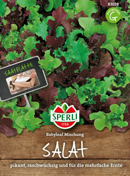 Produktbild von Sperli Salat Babyleaf Mischung Saatteppich mit verschiedenen Blattsalat-Sorten in Grün und Rot sowie einer Abbildung eines Saatteppichs und der Markenlogografie.