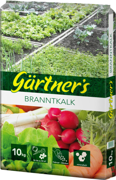 Produktbild von Gaertners Branntkalk 90 koernig 10kg Verpackung mit Abbildungen von Gartenpflanzen und Hinweisen zur Anwendungsdauer und Menge.