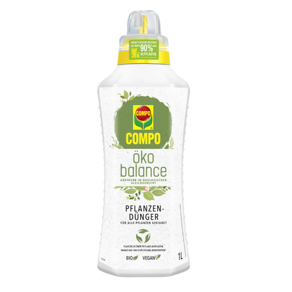 Produktbild von COMPO Öko balance Pflanzendünger in einer 1 Liter Flasche mit Hinweisen auf Bio und Vegan sowie Informationen zur Eignung für alle Pflanzen.