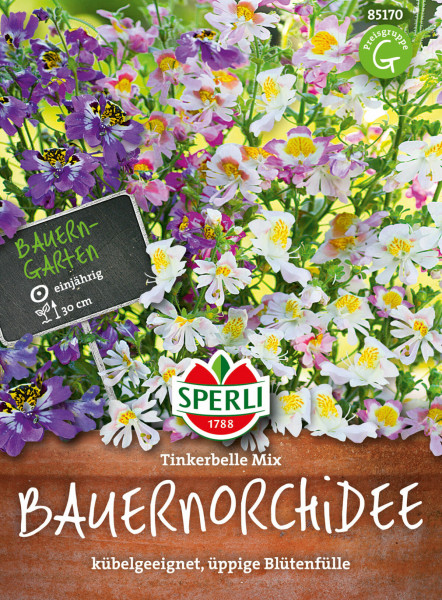 Produktbild von Sperli Bauernorchidee Tinkerbelle Mix Saatgutverpackung mit verschiedenen Blütenfarben und der Markenbezeichnung samt Preisgruppenhinweis.