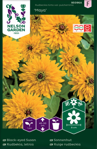 Produktbild von Nelson Garden Sonnenhut Maya mit gelbblühenden Blumen, Pflanzinformationen und Markenlogo.